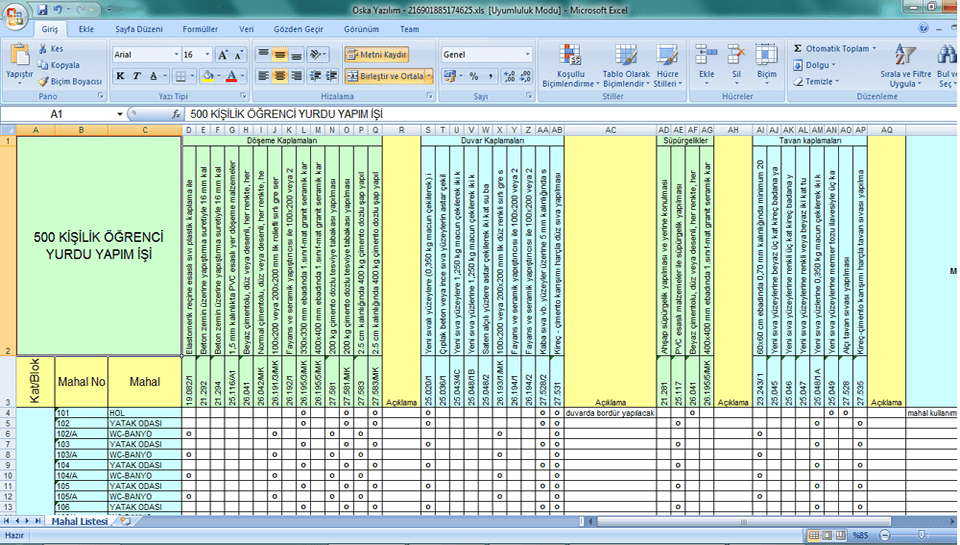 Mahal Listesi Excel Çıktısı