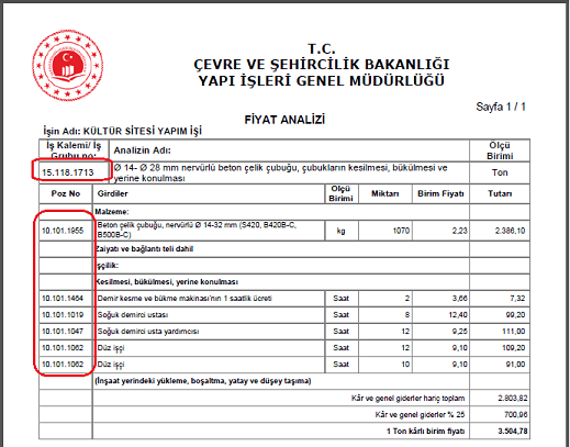 .23.015 Pozunun yeni bilgileri ve 2018 yılı fiyatlarıyla analiz çıktısı:
