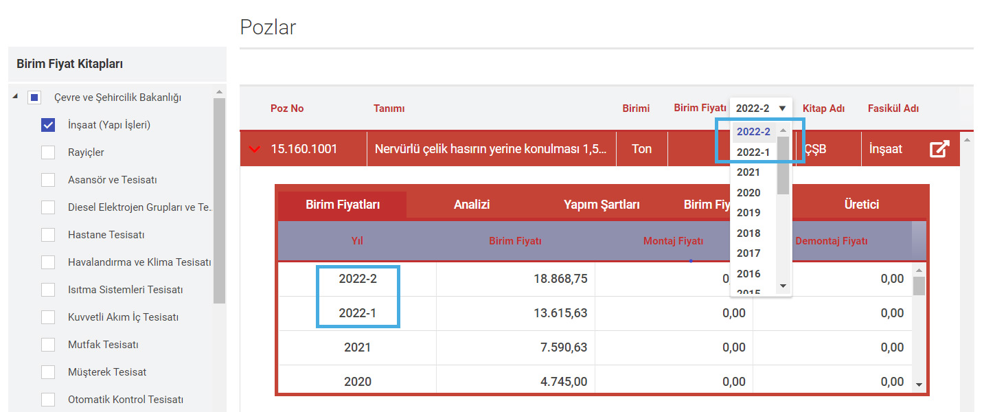 OskaBULUT Birim Fiyat Dönem Seçimi